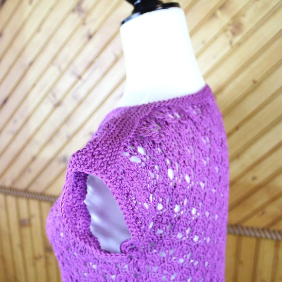 Purple Open Stitch Sweater Short Sleeve Handknit Handmade Small Knit Fall CA123 - Picture 8 of 9